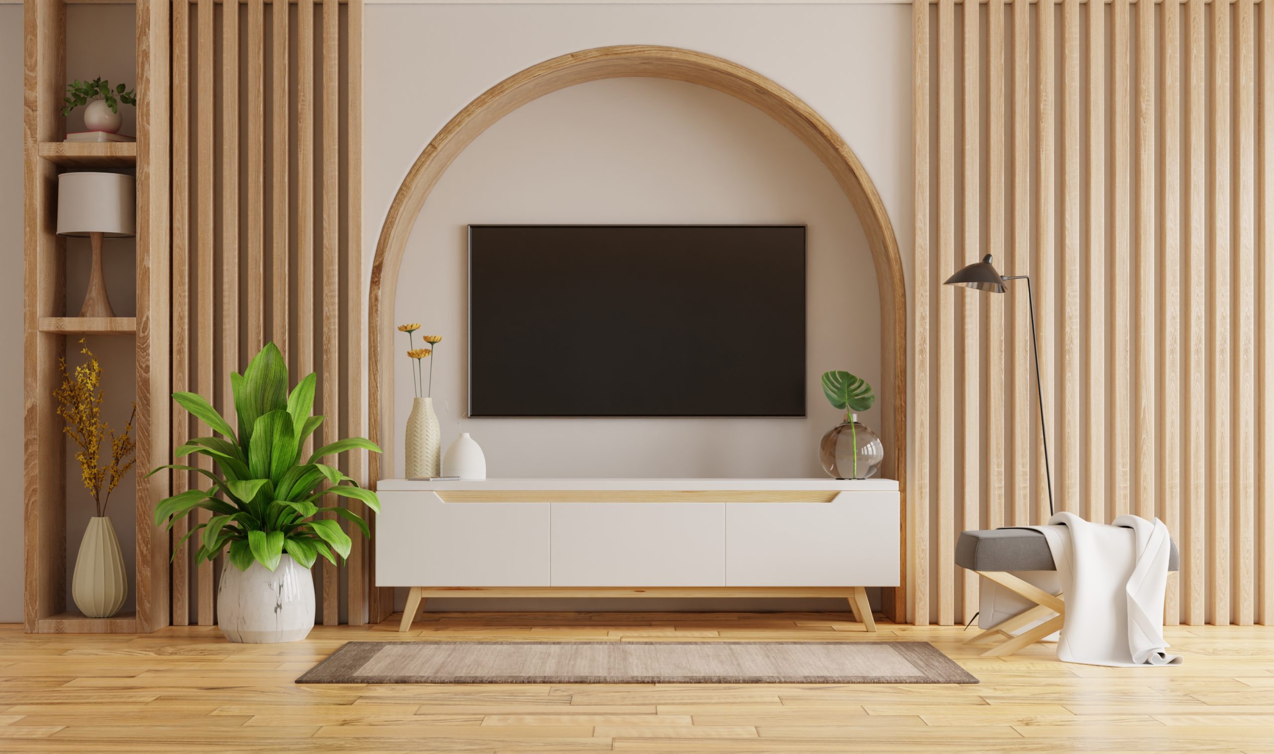 living-room-interior-with-tv-cabinet-decorative-lath-empty-white-wall-background-3d-rendering-scaled