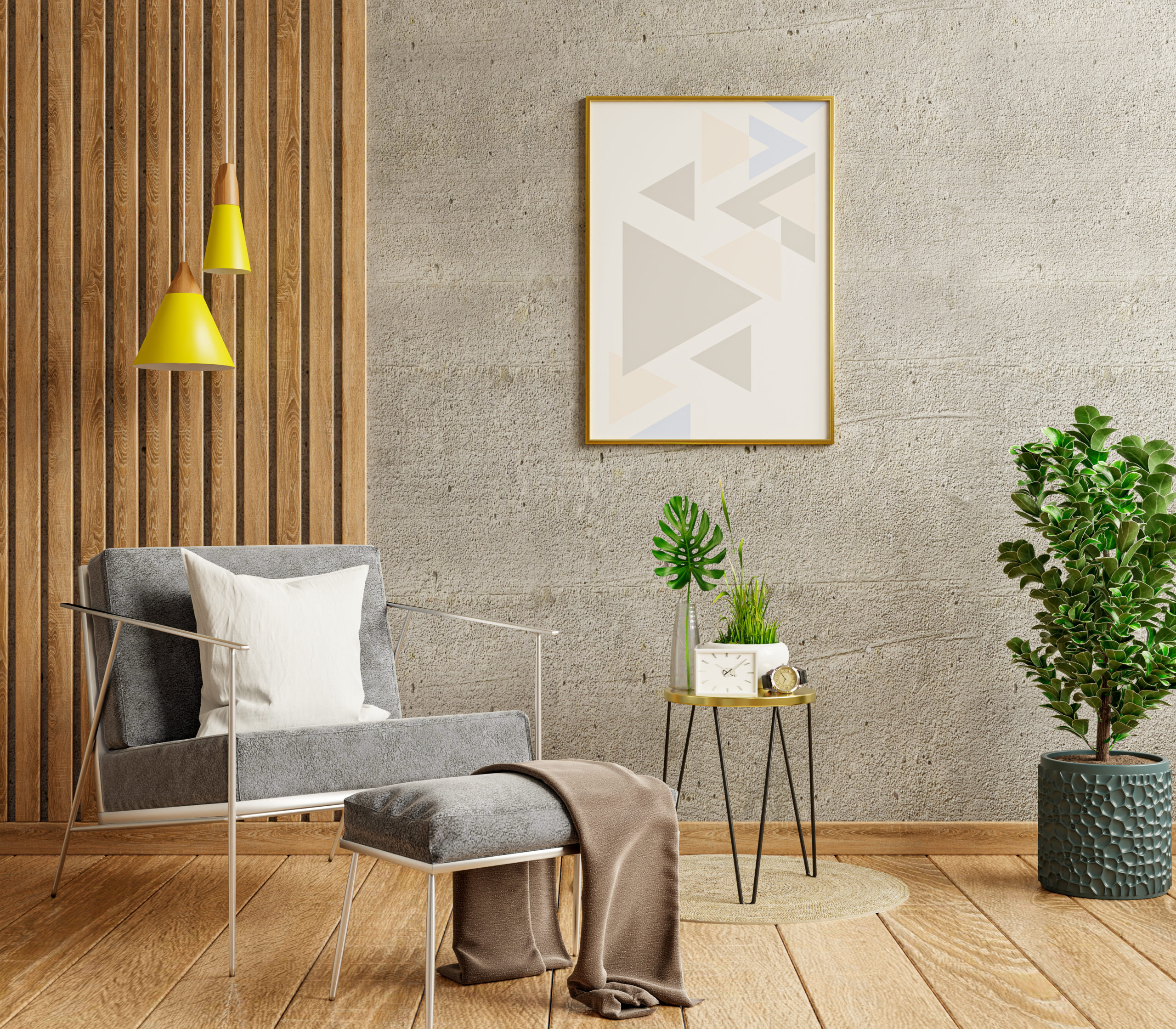 mockup-poster-frame-modern-living-room-with-empty-concrete-wall-3d-rendering-scaled