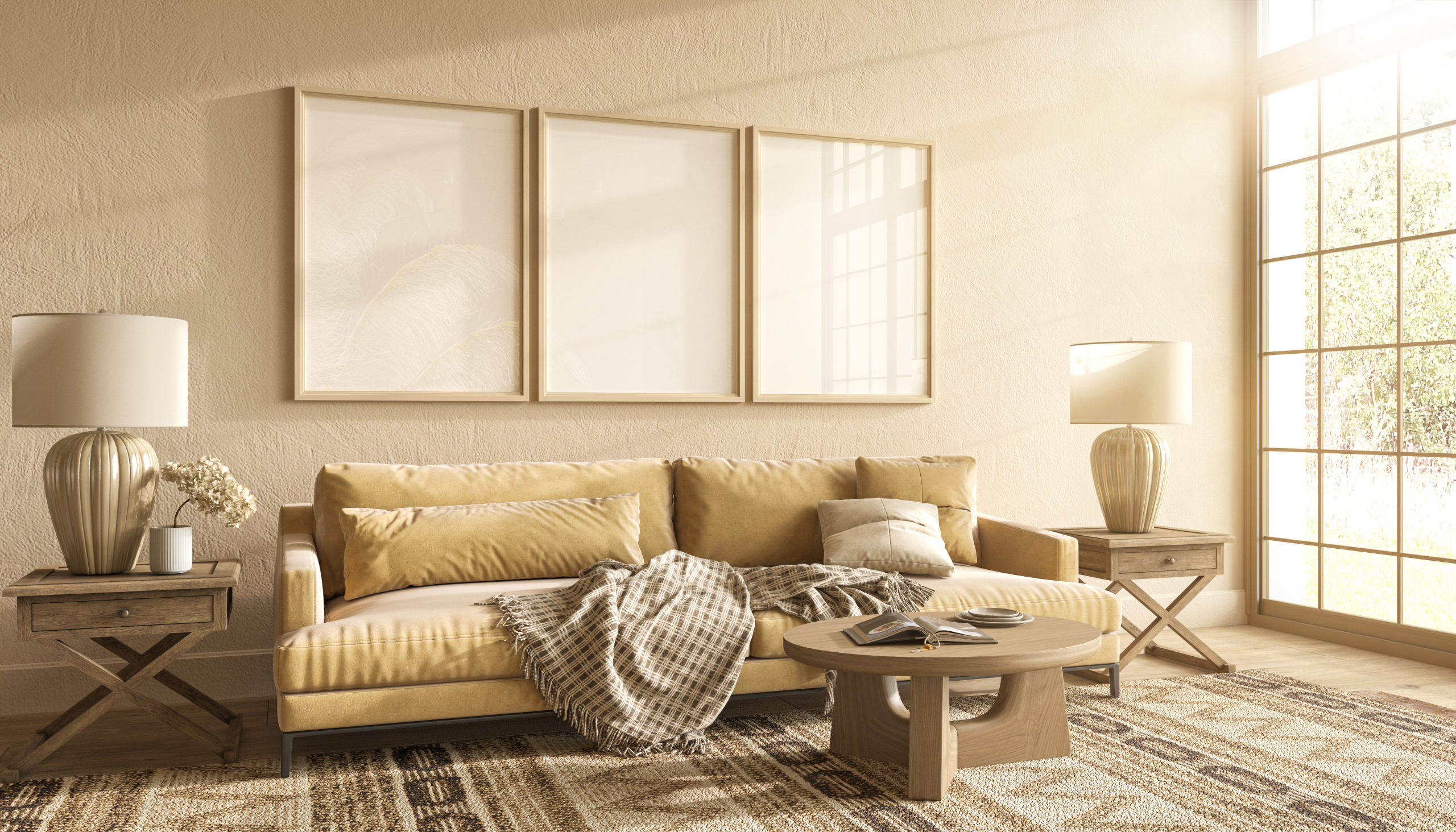 scandi-boho-interior-design-with-poster-frame-mockup-living-room-3d-render-illustration-scaled